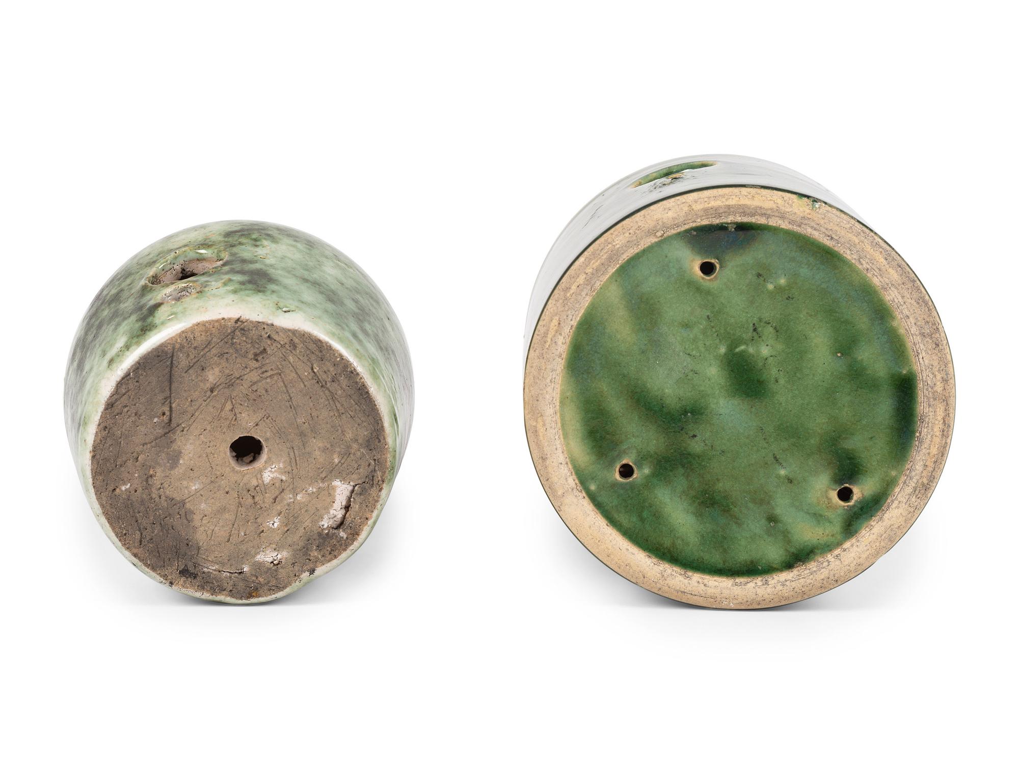 Two Stoneware Birdhouses in Green Glaze