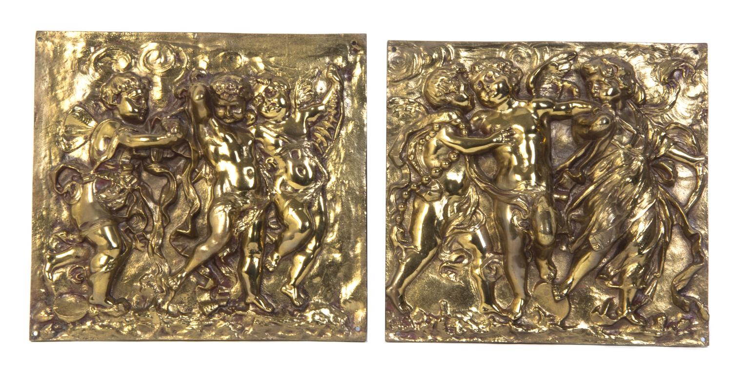 A Set of Four Continental Gilt Bronze Relief Plaques, Height 12 1/2 x width 13 1/4 inches.