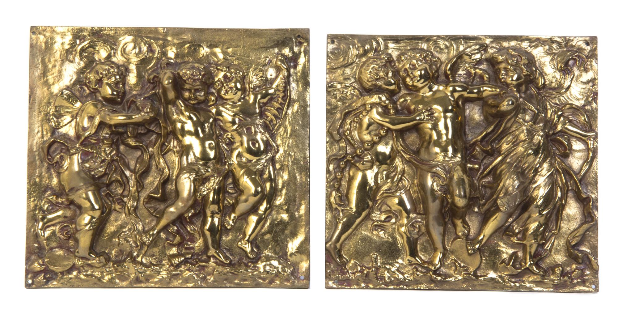A Set of Four Continental Gilt Bronze Relief Plaques, Height 12 1/2 x width 13 1/4 inches.