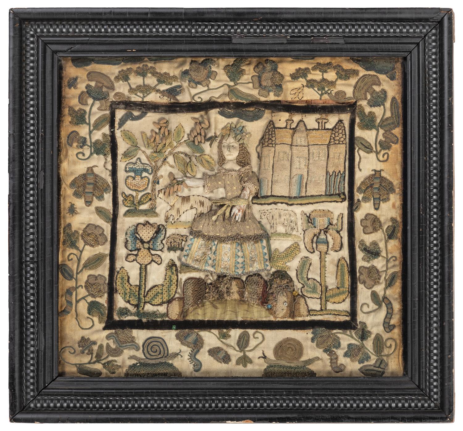 An English Silkwork Embroidered Shepherdess Picture