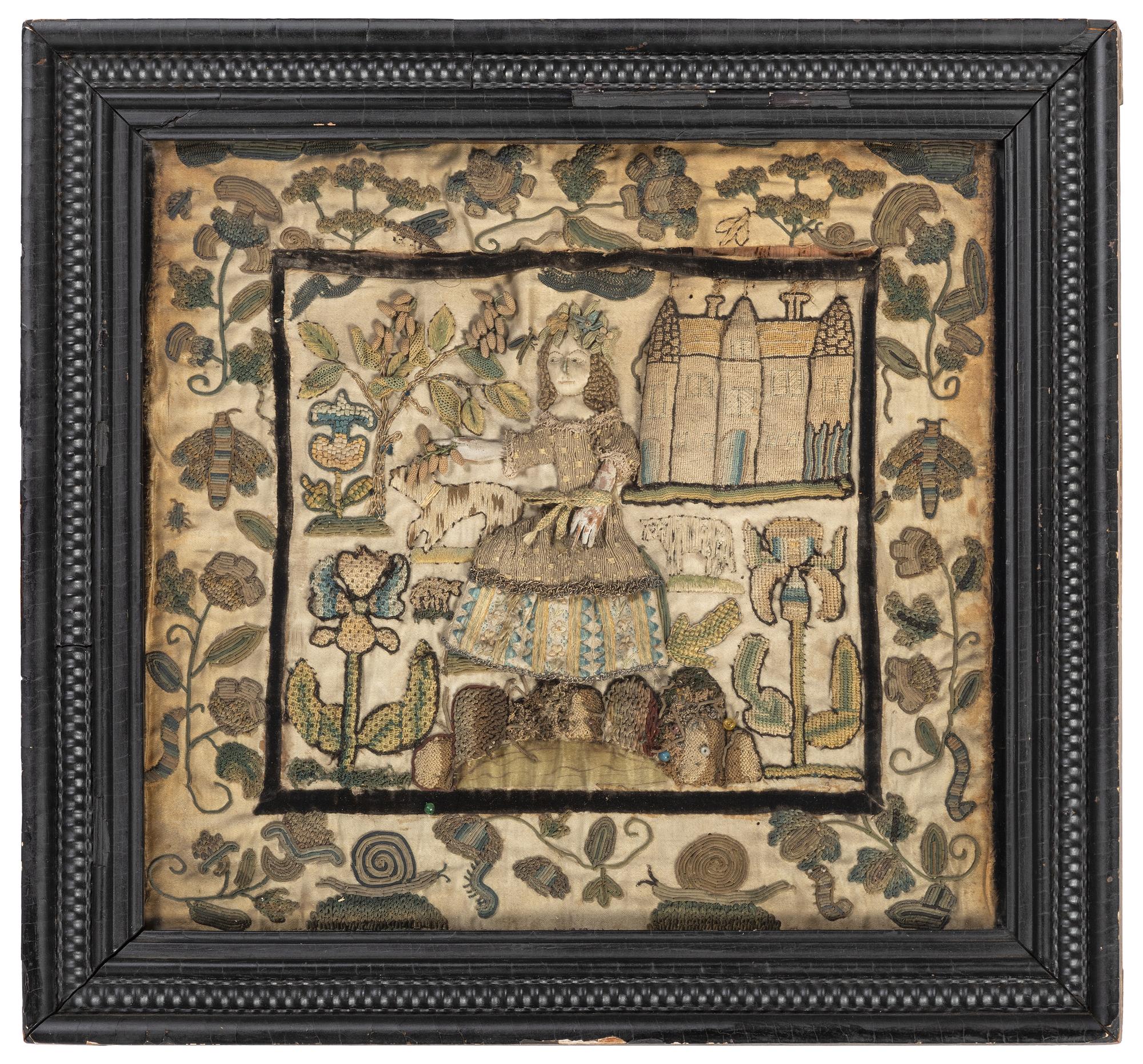 An English Silkwork Embroidered Shepherdess Picture