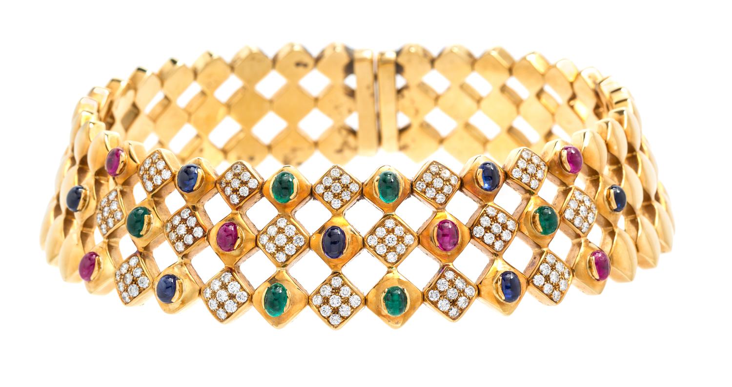 An 18 Karat Yellow Gold, Diamond, Ruby, Emerald and Sapphire Collar Necklace, Italian, 172.90 dwts.