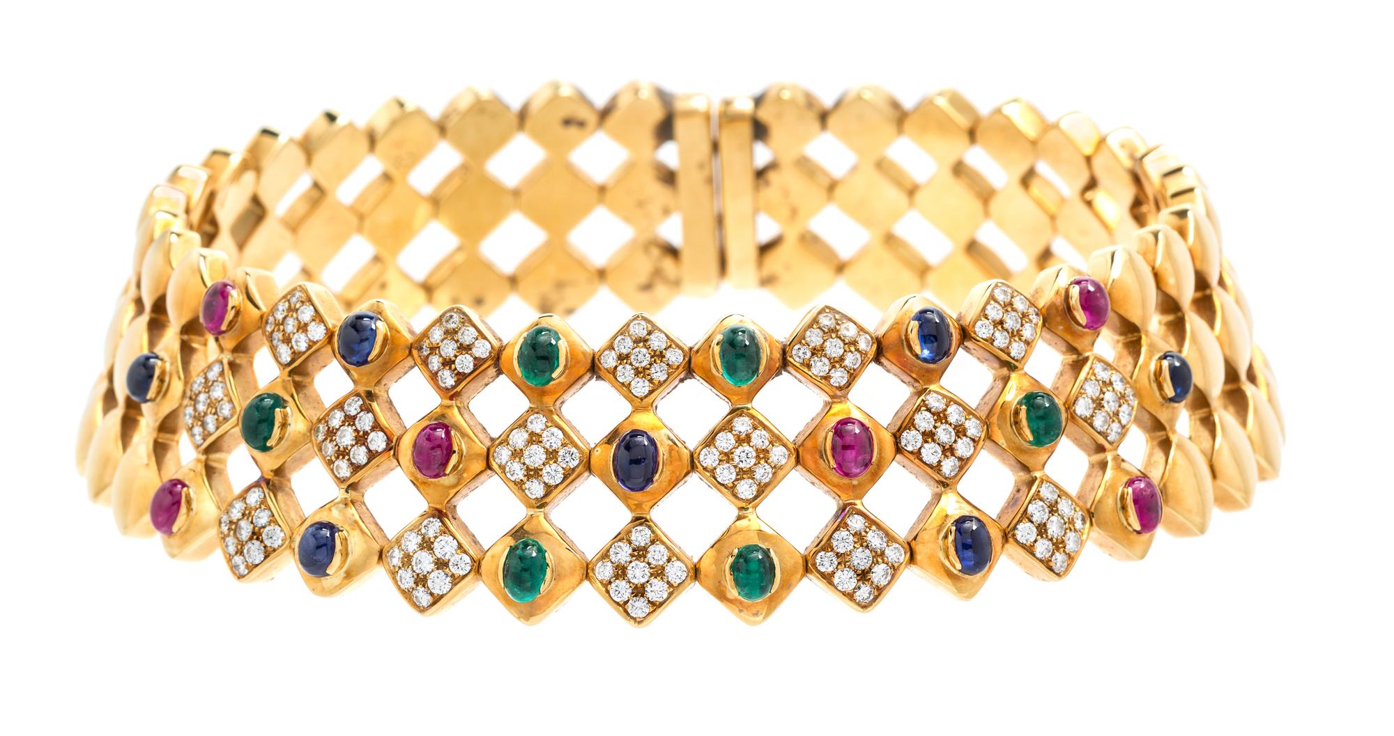 An 18 Karat Yellow Gold, Diamond, Ruby, Emerald and Sapphire Collar Necklace, Italian, 172.90 dwts.