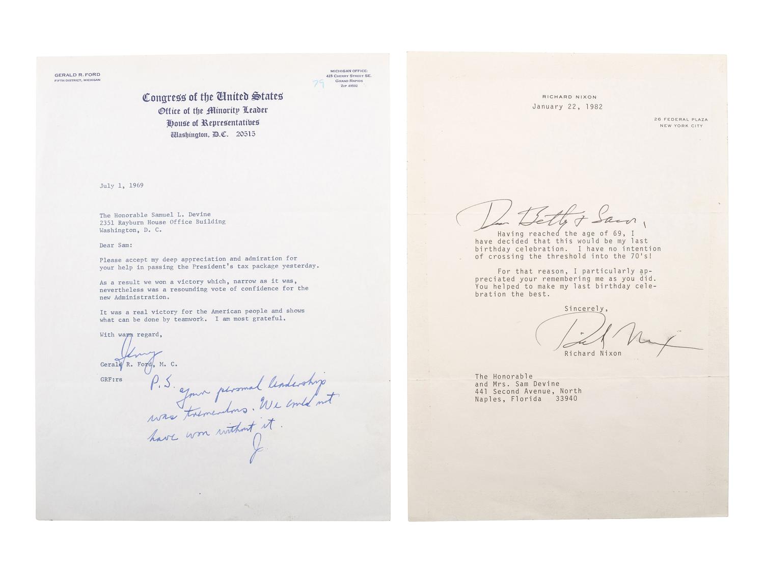NIXON, Richard (1913-1994) 3 TLsS, with inscribed photograph, to Representative Samuel L. Devine.