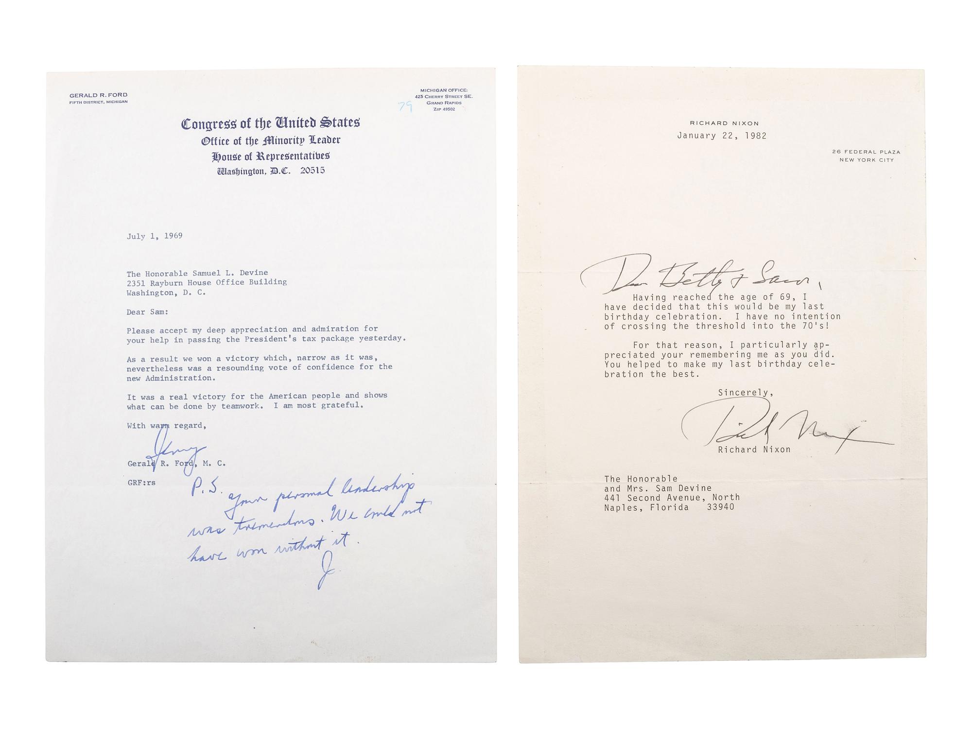 NIXON, Richard (1913-1994) 3 TLsS, with inscribed photograph, to Representative Samuel L. Devine.