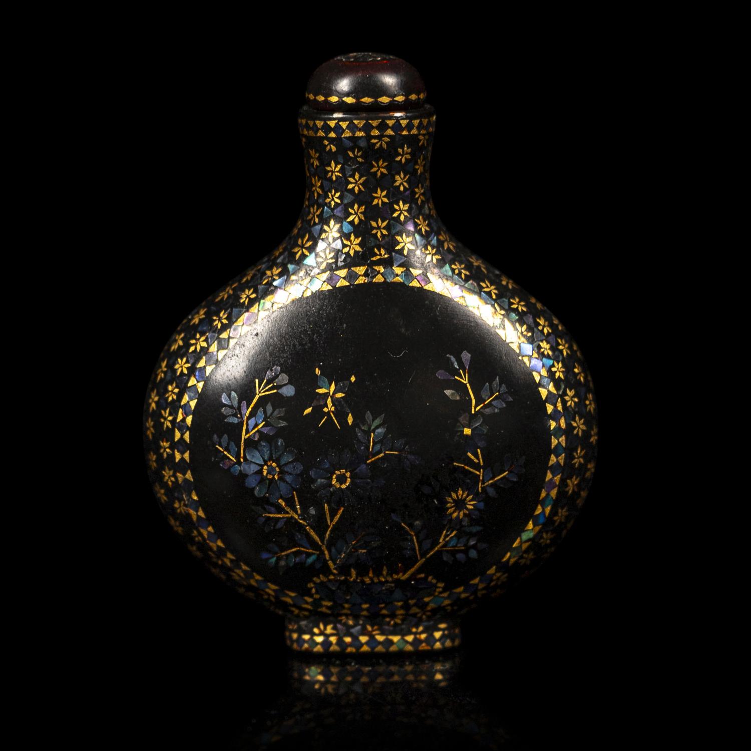 Two Chinese Laque Burgaute Snuff Bottles