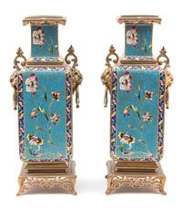 A Pair of French Japonisme Champleve Enamel and Gilt Bronze Vases Height 12 1/2 inches. — 19TH CENTURY