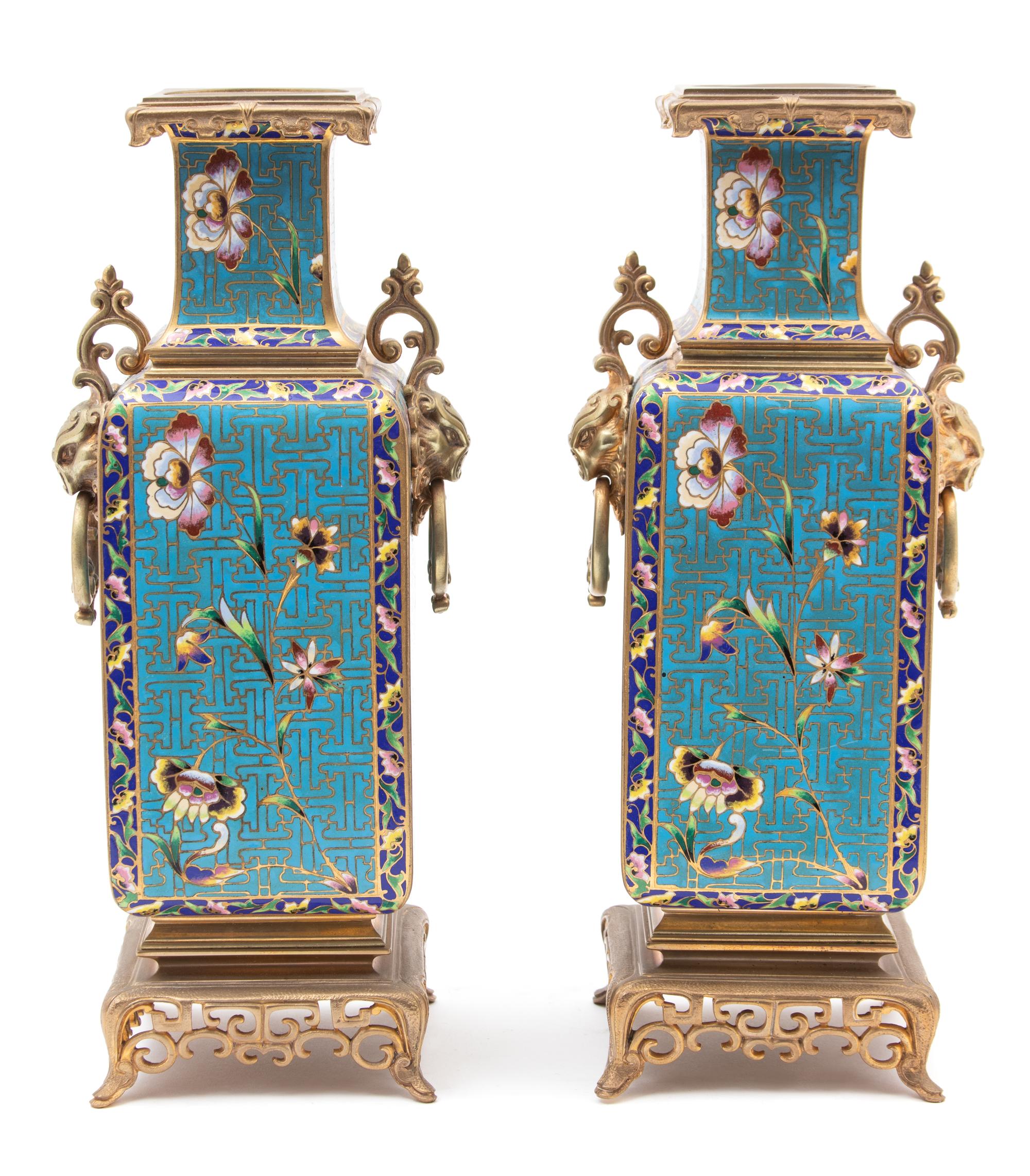 A Pair of French Japonisme Champleve Enamel and Gilt Bronze Vases Height 12 1/2 inches. — 19TH CENTURY