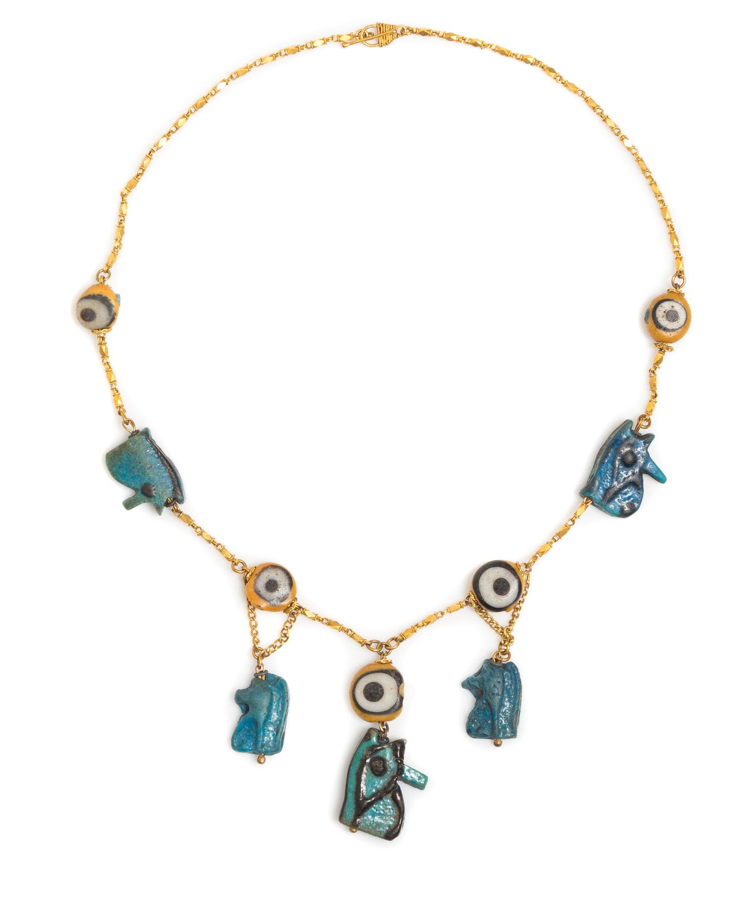 A Possibly Ancient Yellow Gold, Faience Bead and Glass Bead "Eye of Horuse" Motif Necklace, 9.80 dwts.