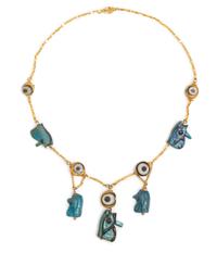 A Possibly Ancient Yellow Gold, Faience Bead and Glass Bead "Eye of Horuse" Motif Necklace, 9.80 dwts.
