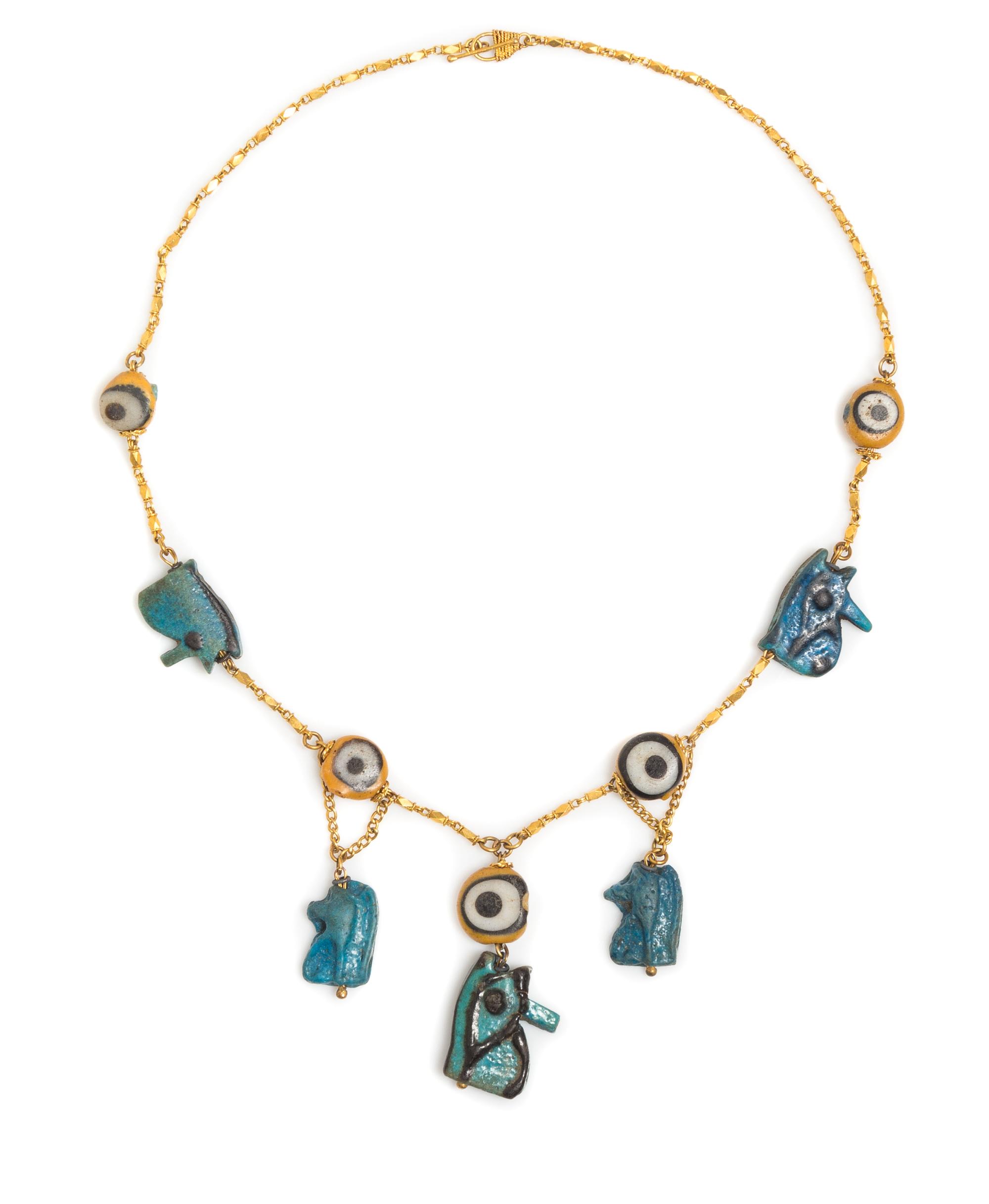 A Possibly Ancient Yellow Gold, Faience Bead and Glass Bead "Eye of Horuse" Motif Necklace, 9.80 dwts.