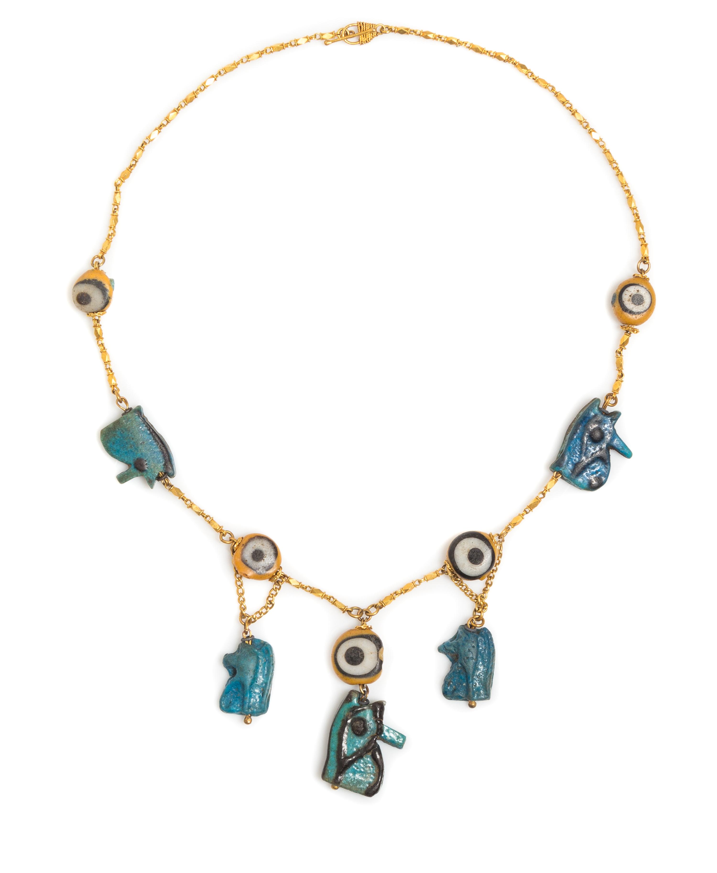 A Possibly Ancient Yellow Gold, Faience Bead and Glass Bead "Eye of Horuse" Motif Necklace, 9.80 dwts.