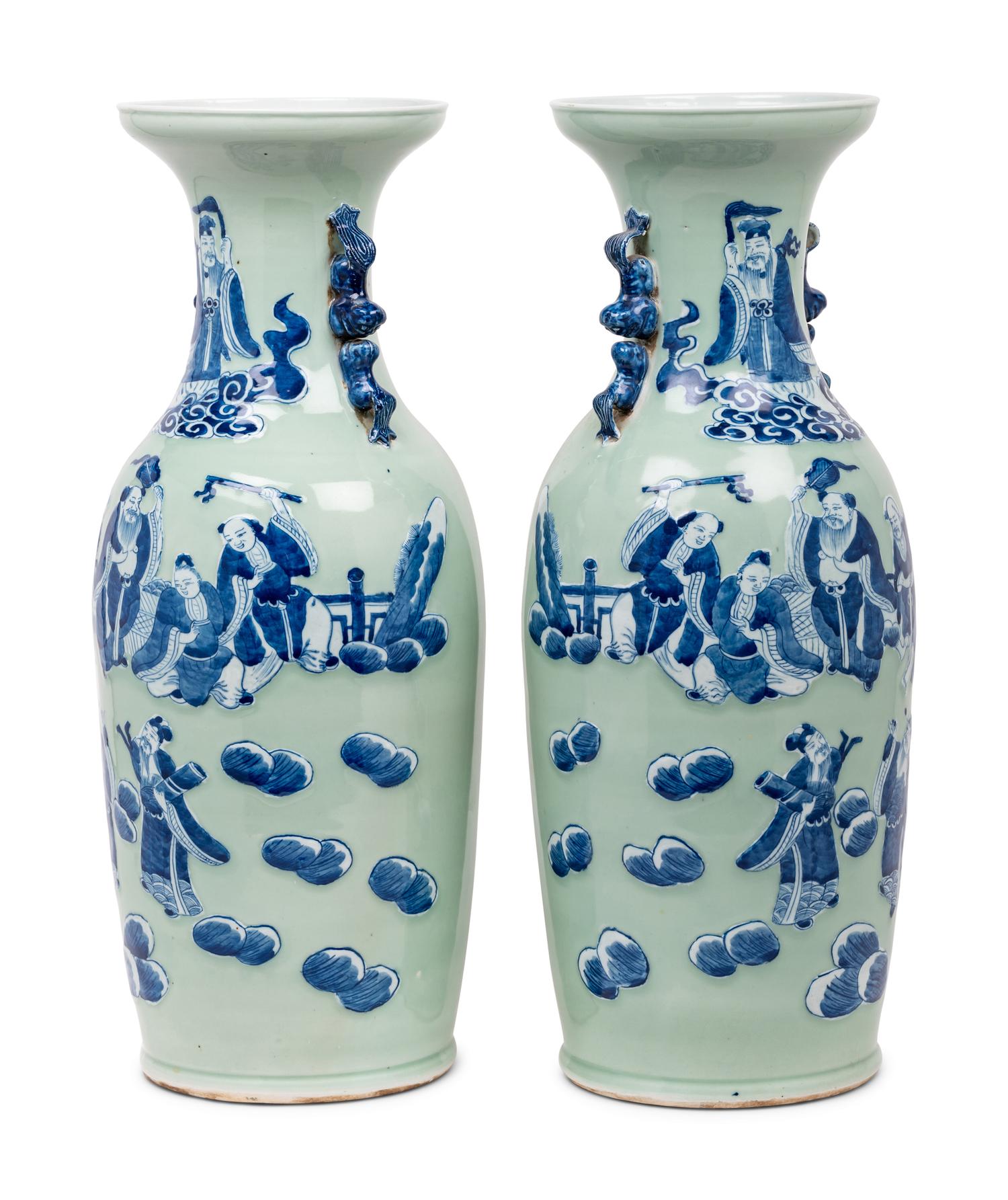 A Pair of Celadon Ground Underglaze Blue Porcelain 'Eight Immortals' Baluster Vases