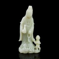 A Chinese Jade Figural Group of Guanyin and Boy 青白玉雕送子觀音