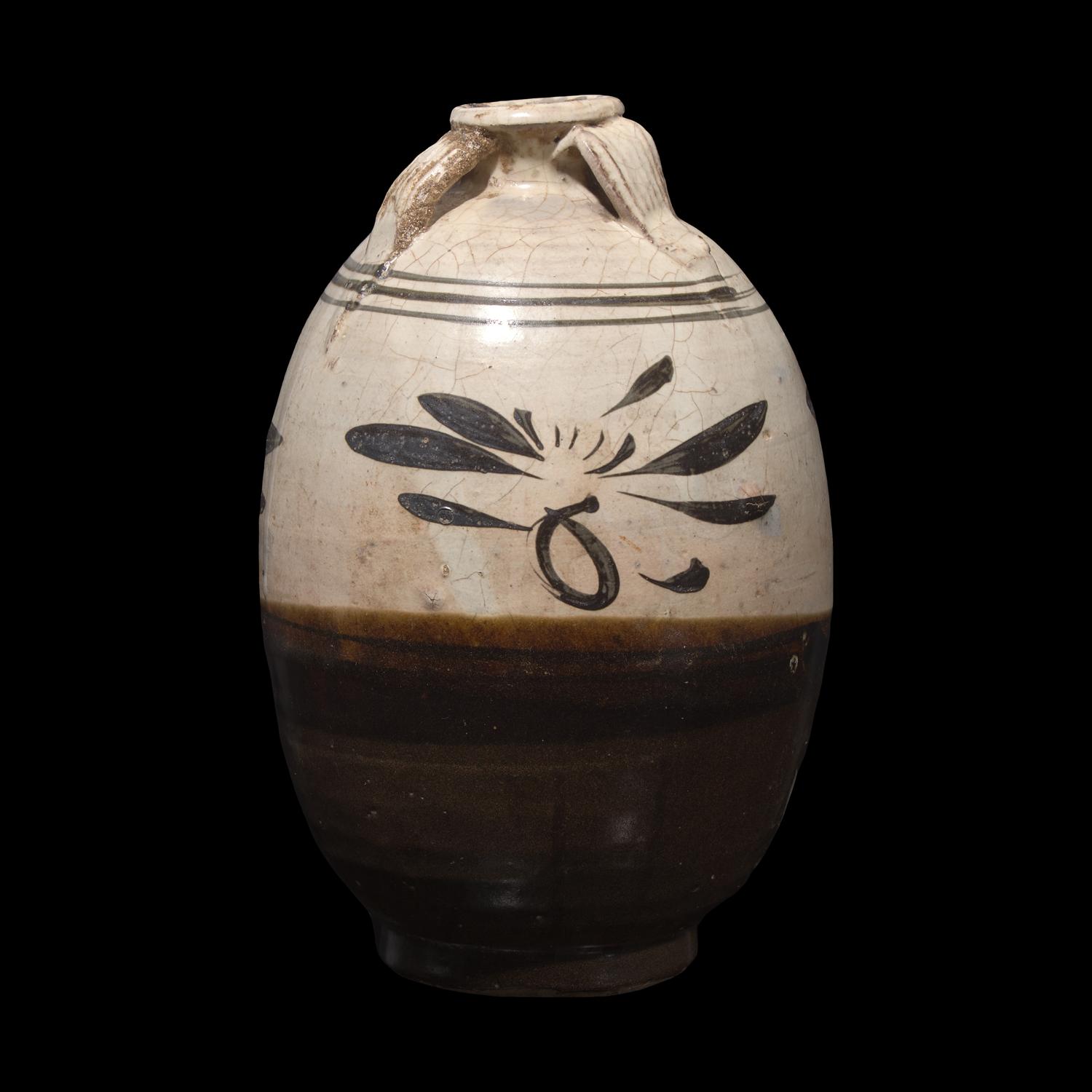 A Chinese Cizhou Stoneware Ovoid Jar, Yuan-Ming Dynasty 元-明 磁州窯花卉紋四系罐
