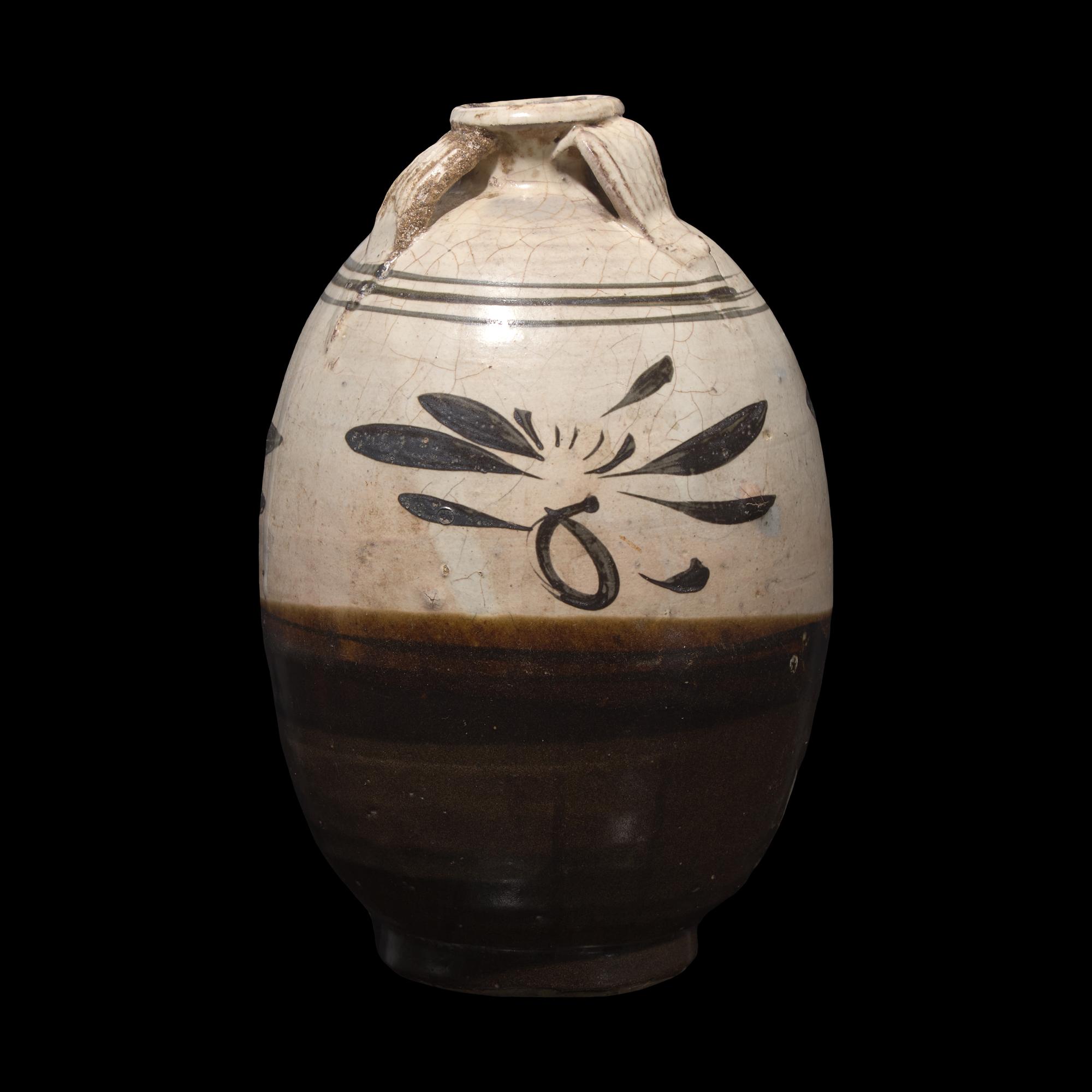 A Chinese Cizhou Stoneware Ovoid Jar, Yuan-Ming Dynasty 元-明 磁州窯花卉紋四系罐