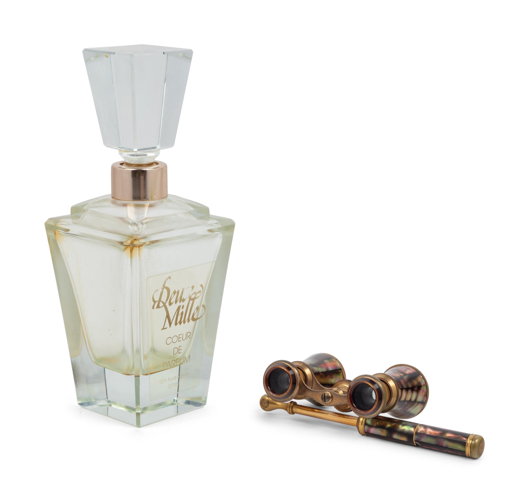 A Pair of French Opera Glasses and a Large French Glass Perfume Bottle with Fitted Case
