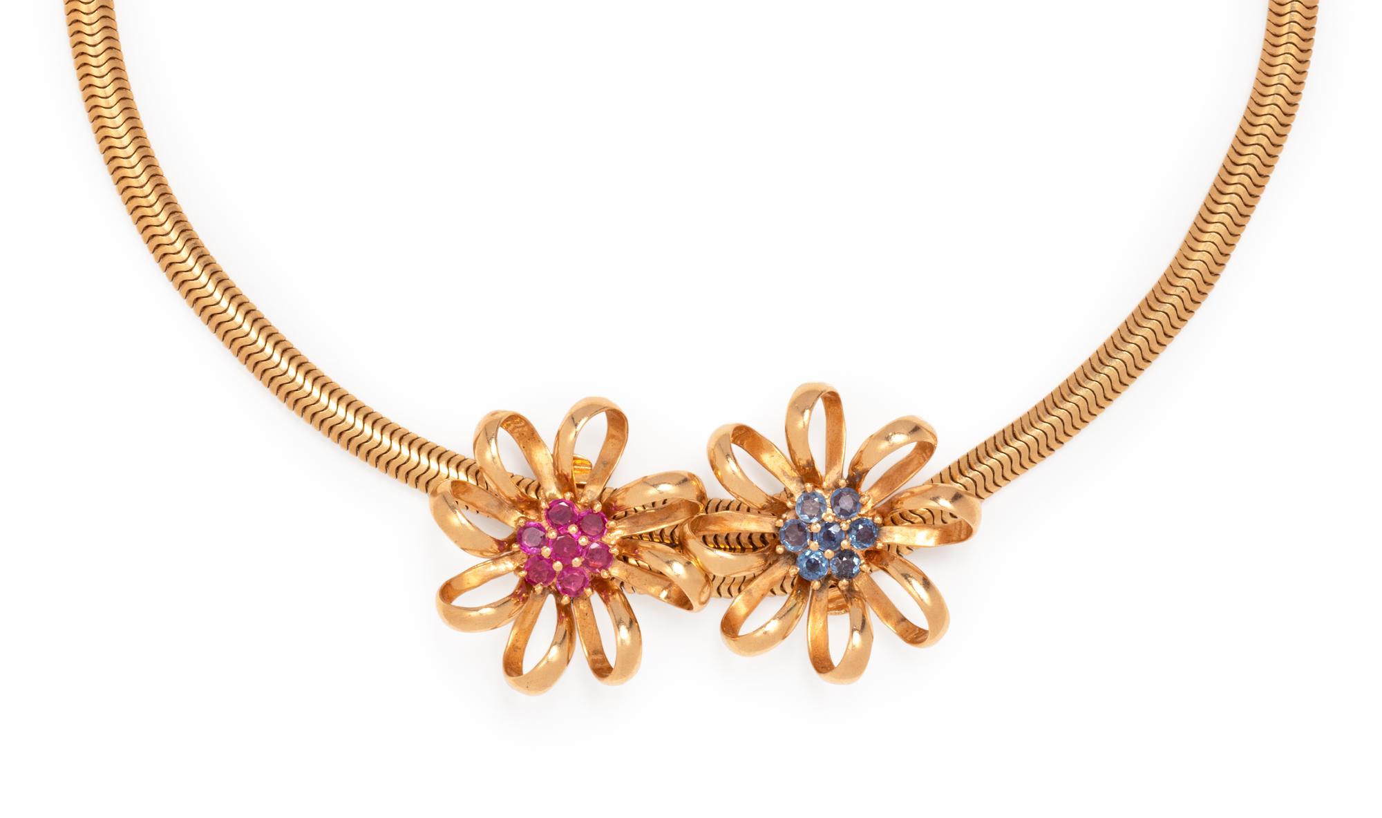 RETRO, YELLOW GOLD AND SYNTHETIC GEMSTONE FLOWER MOTIF CONVERTIBLE NECKLACE