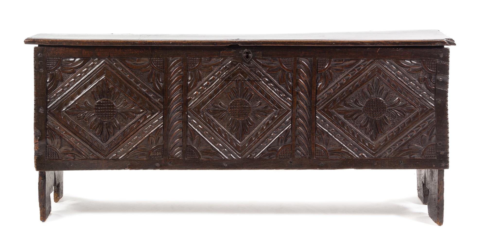 A Jacobean Carved Oak Chest Height 24 x width 54 x depth 16 inches. — 17TH CENTURY