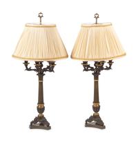 A Pair of Empire Style Gilt and Patinated Bronze Six-Light Candelabra Mounted as Lamps