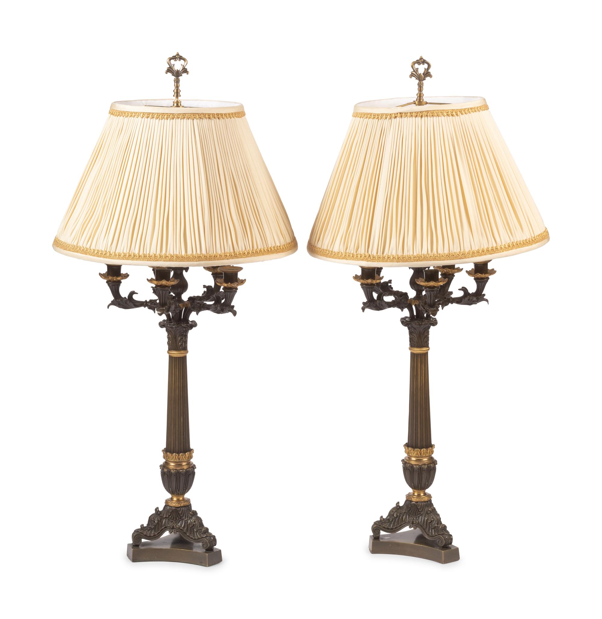 A Pair of Empire Style Gilt and Patinated Bronze Six-Light Candelabra Mounted as Lamps