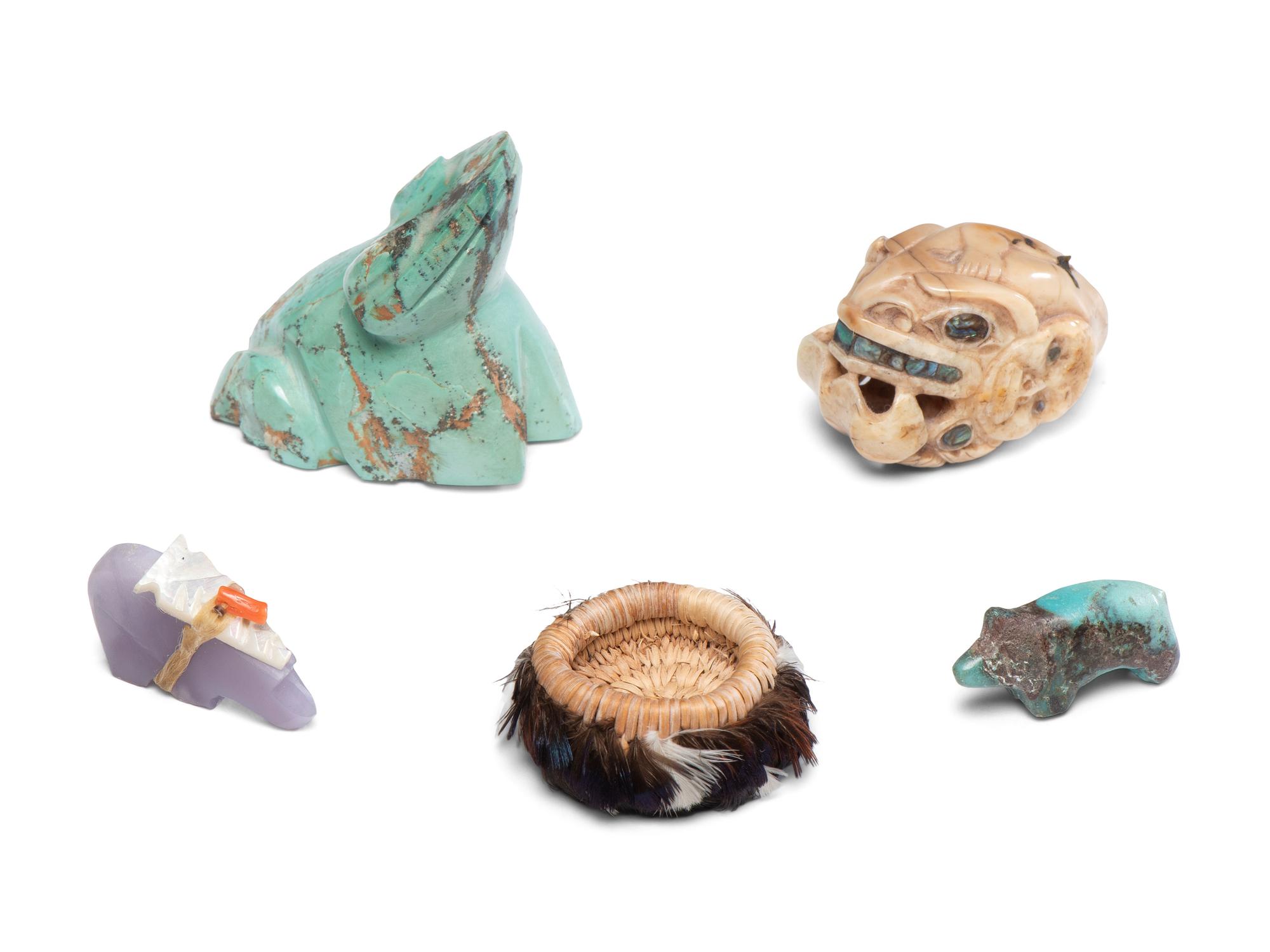 Turquoise Fetishes, Miniature Pomo Basket, and Netsuke