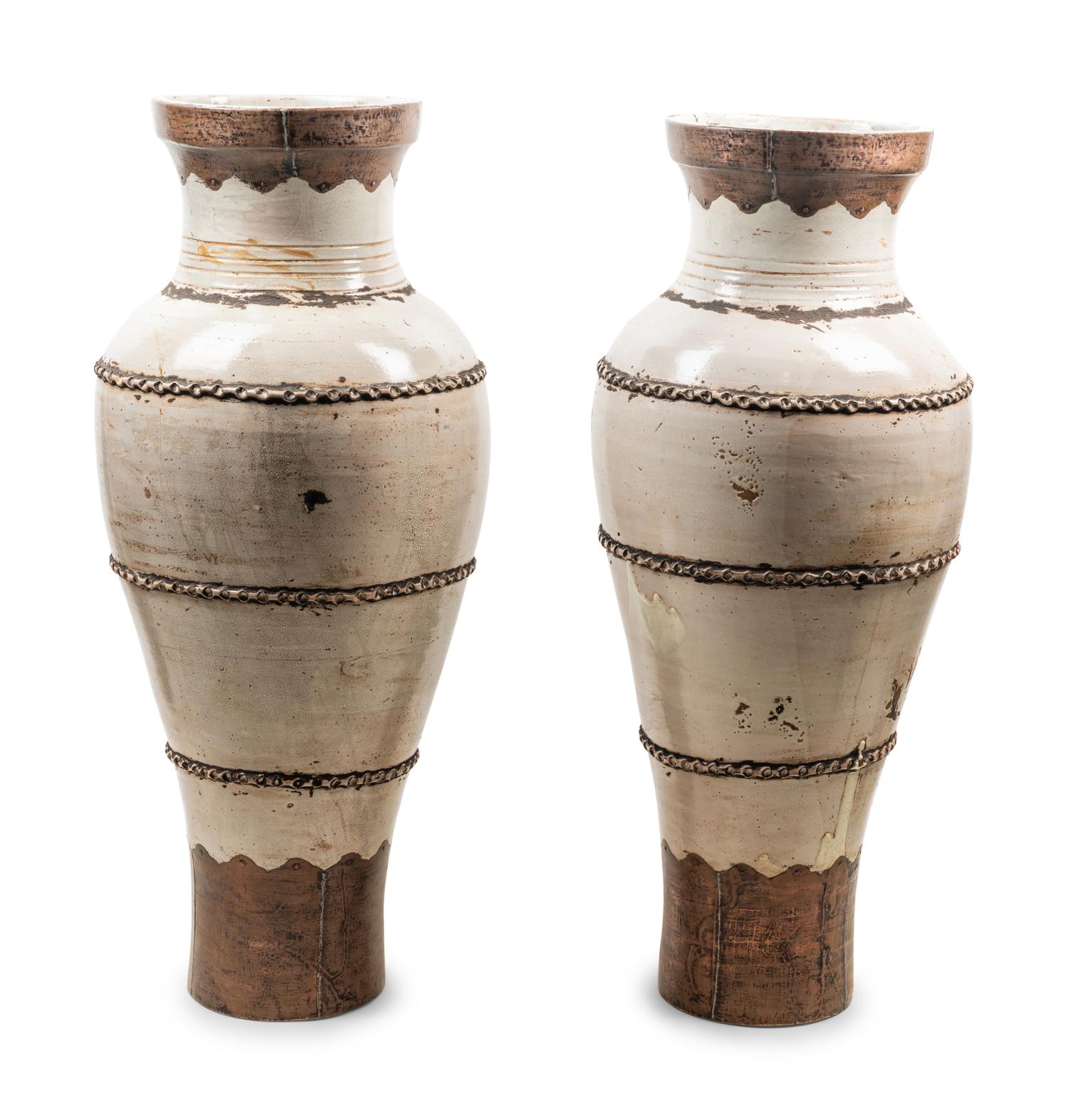 A Pair of Near Eastern Style Metal Mounted Glazed Terra Cotta Floor Vases
