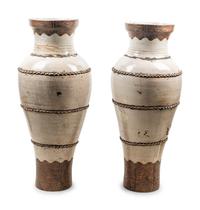 A Pair of Near Eastern Style Metal Mounted Glazed Terra Cotta Floor Vases
