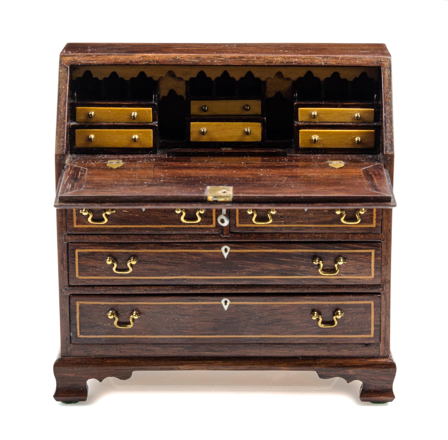 A George III Style Marquetry and Mahogany Slant Front Desk Height 3 3/8 x width 3 1/2 x depth 1 5/8 inches. — John Davenport, October 1980