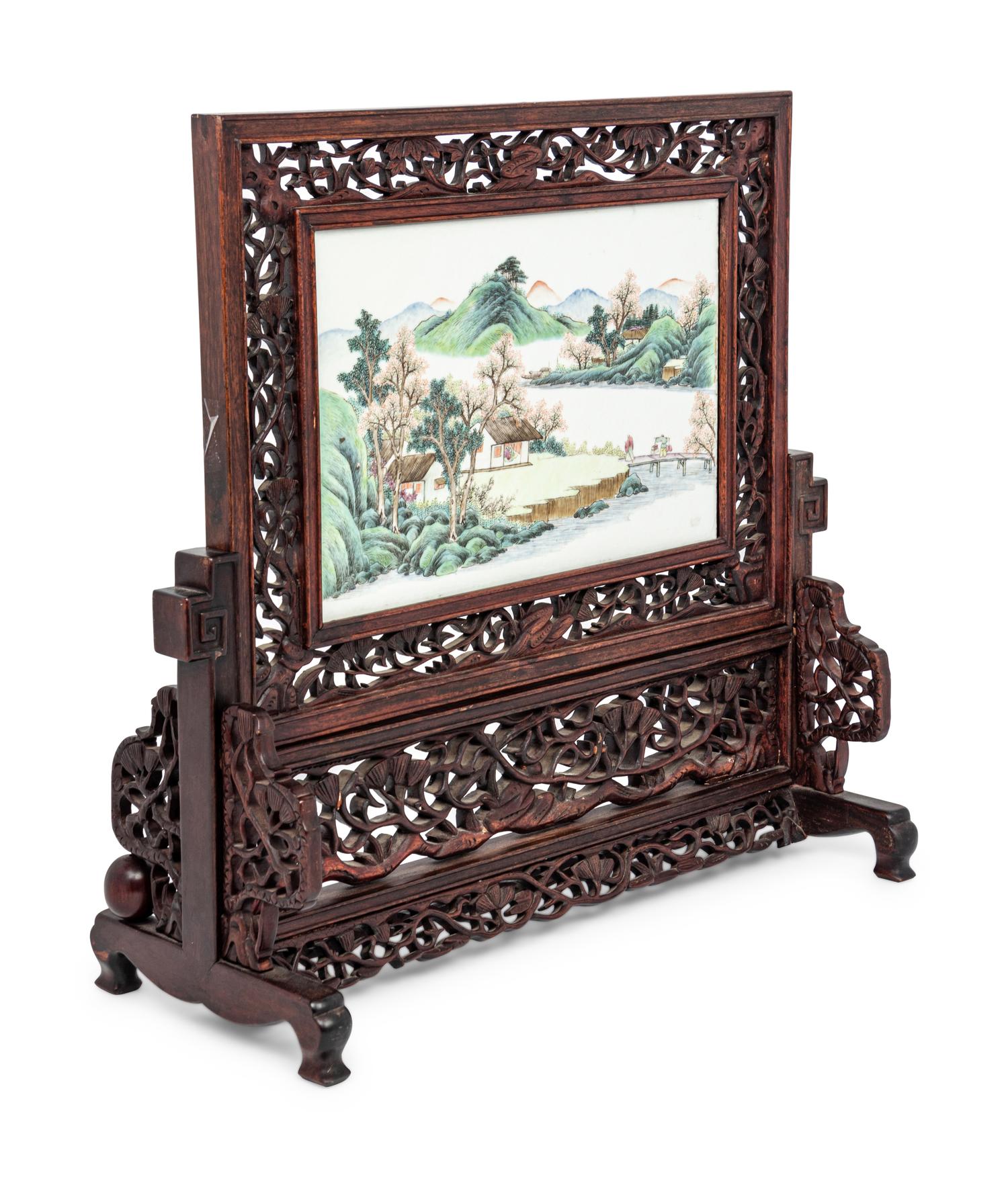 A Famlle Rose Porcelain Plaque Inset Rosewood Table Screen