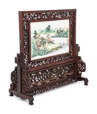 A Famlle Rose Porcelain Plaque Inset Rosewood Table Screen