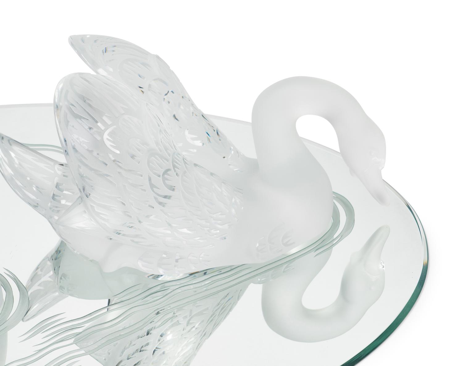 A Pair of Lalique Miroir Cygnes Sculptures and Mirror Plateau