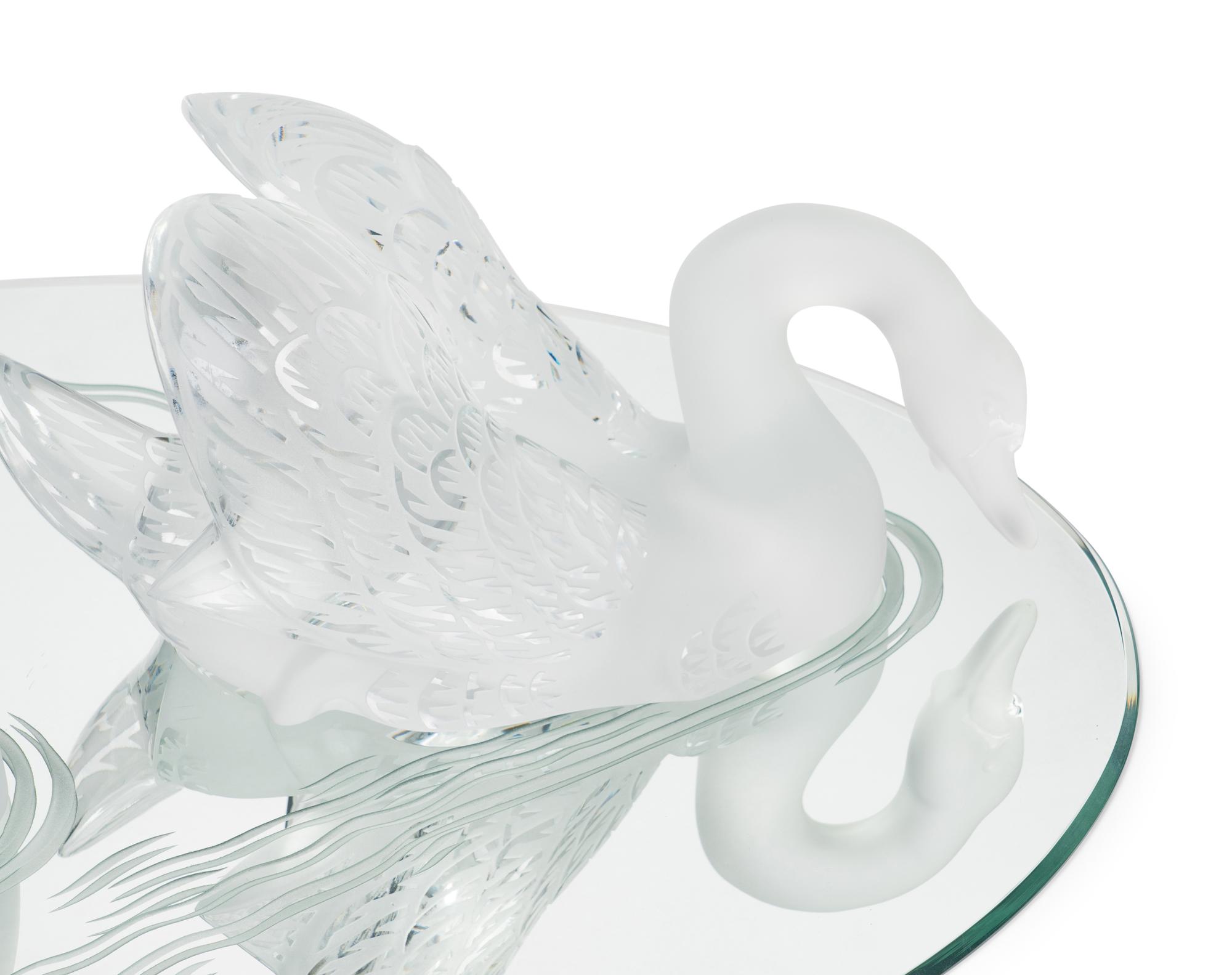 A Pair of Lalique Miroir Cygnes Sculptures and Mirror Plateau
