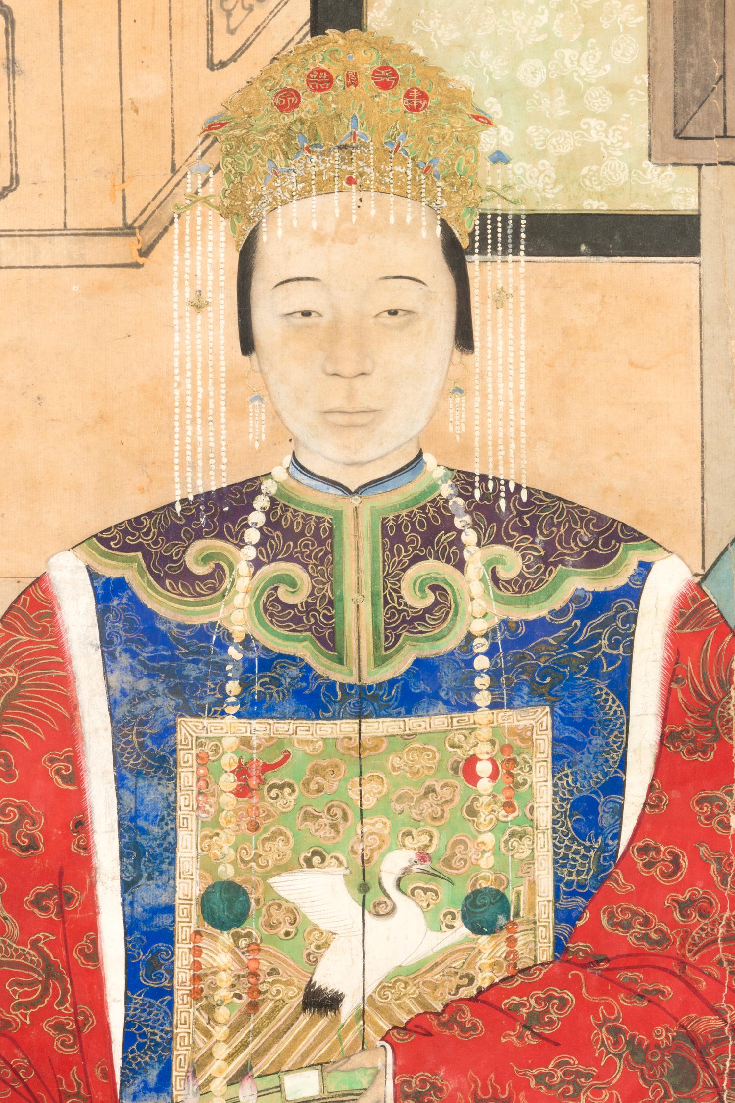 A Chinese Ink and Color on Paper Portrait of an Empress or Court Lady with Two Attendants