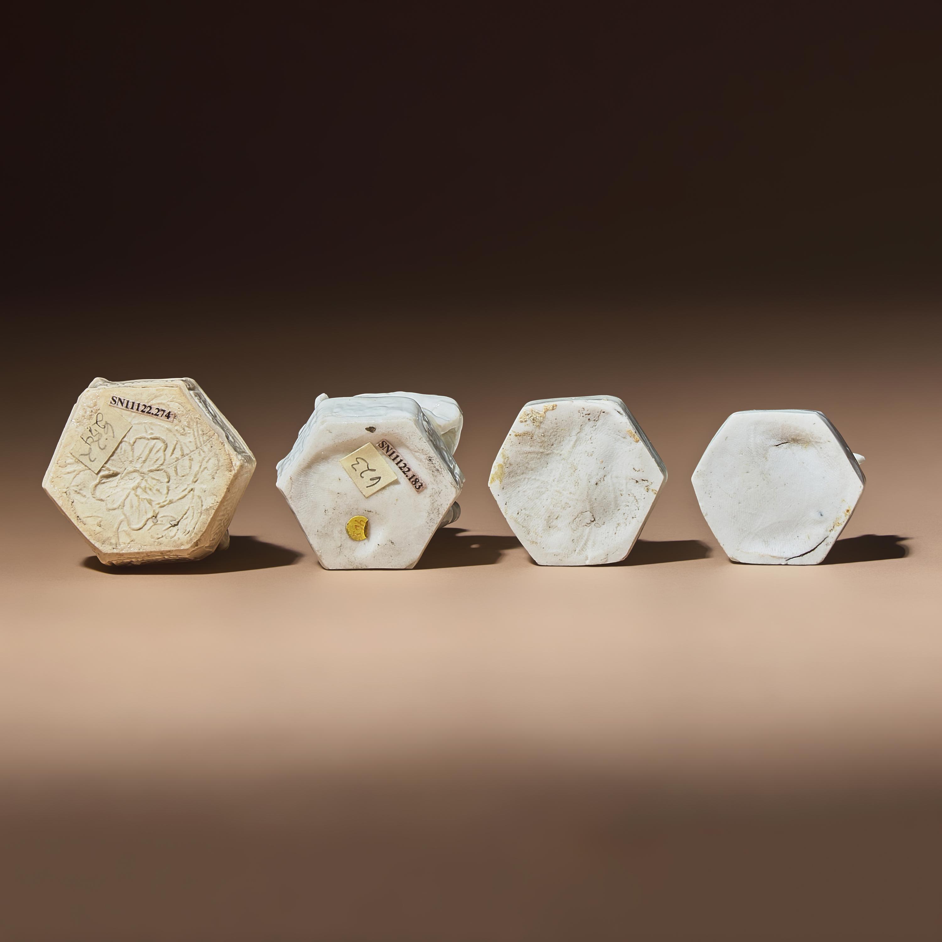 Four Miniature Chinese Blanc-de-Chine Porcelain 'European' Whistles, Late 17th-Early 18th Century — 清中期 德化白瓷西人鬥獸哨四件