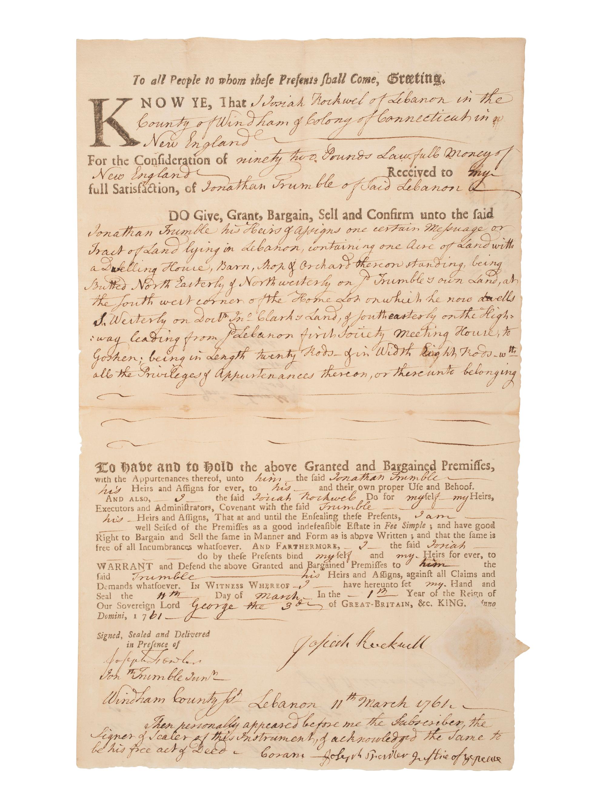 [REV WAR] -- [DEC OF INDEPENDENCE]. Document signed by Jonathan TRUMBLE Jr. and William WILLIAMS.