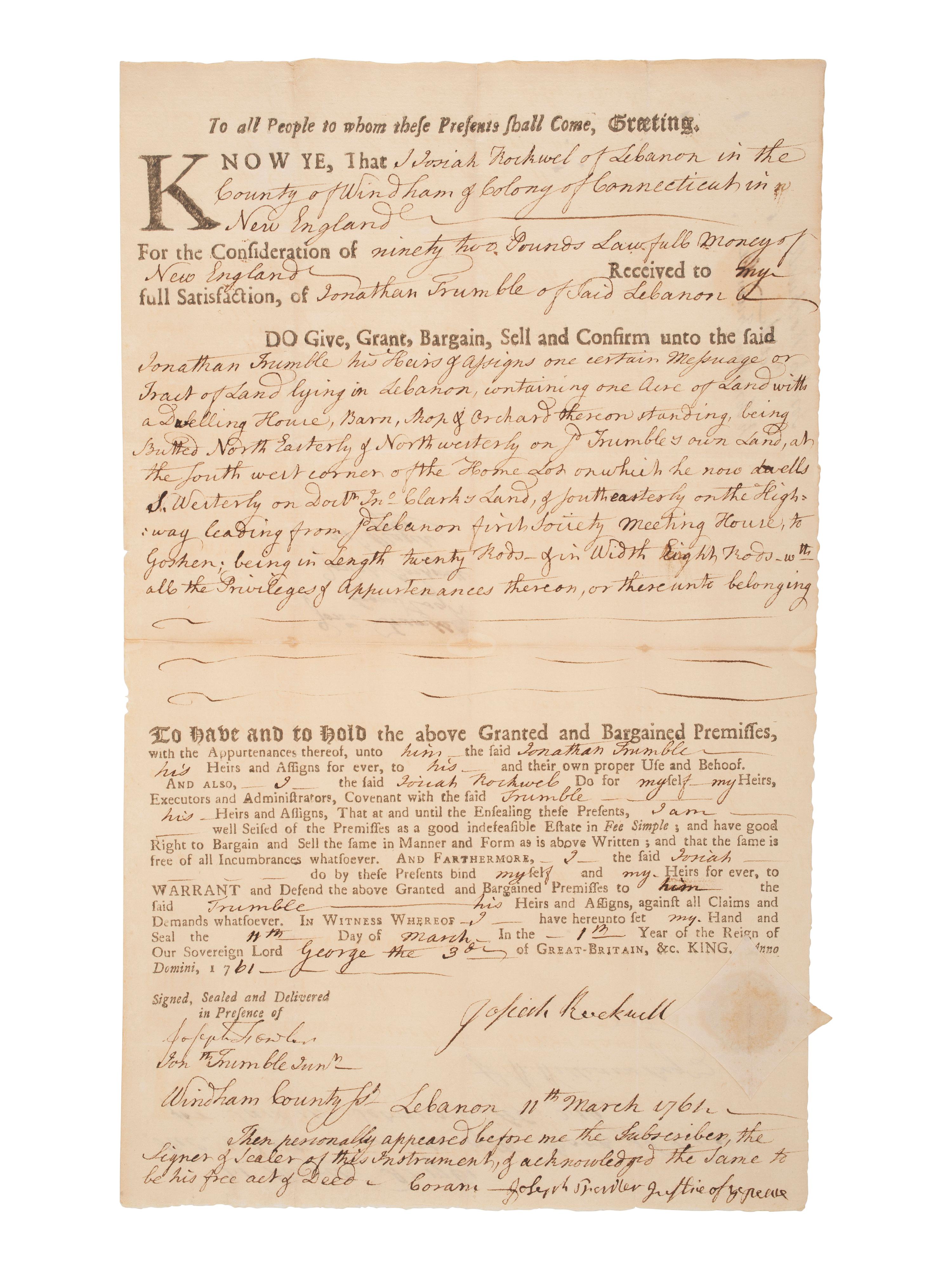[REV WAR] -- [DEC OF INDEPENDENCE]. Document signed by Jonathan TRUMBLE Jr. and William WILLIAMS.