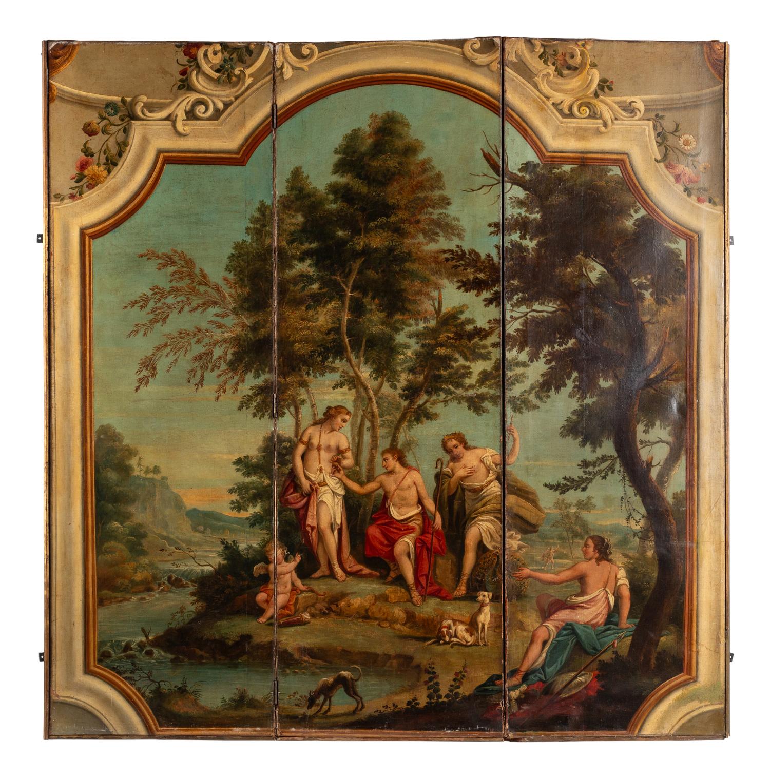 A Continental Painted Canvas Floor Screen Depicting The Judgement of Paris
