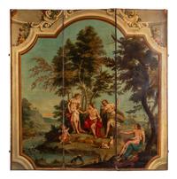 A Continental Painted Canvas Floor Screen Depicting The Judgement of Paris