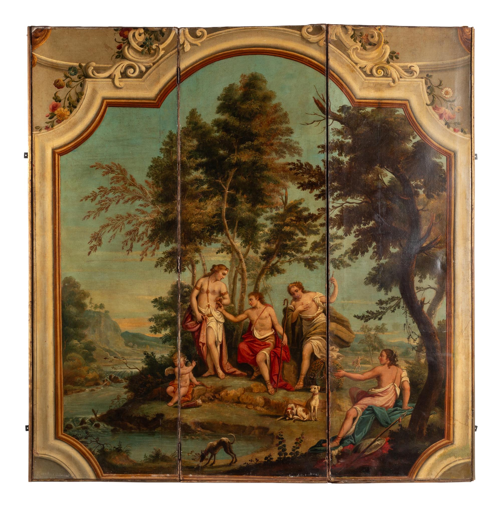 A Continental Painted Canvas Floor Screen Depicting The Judgement of Paris