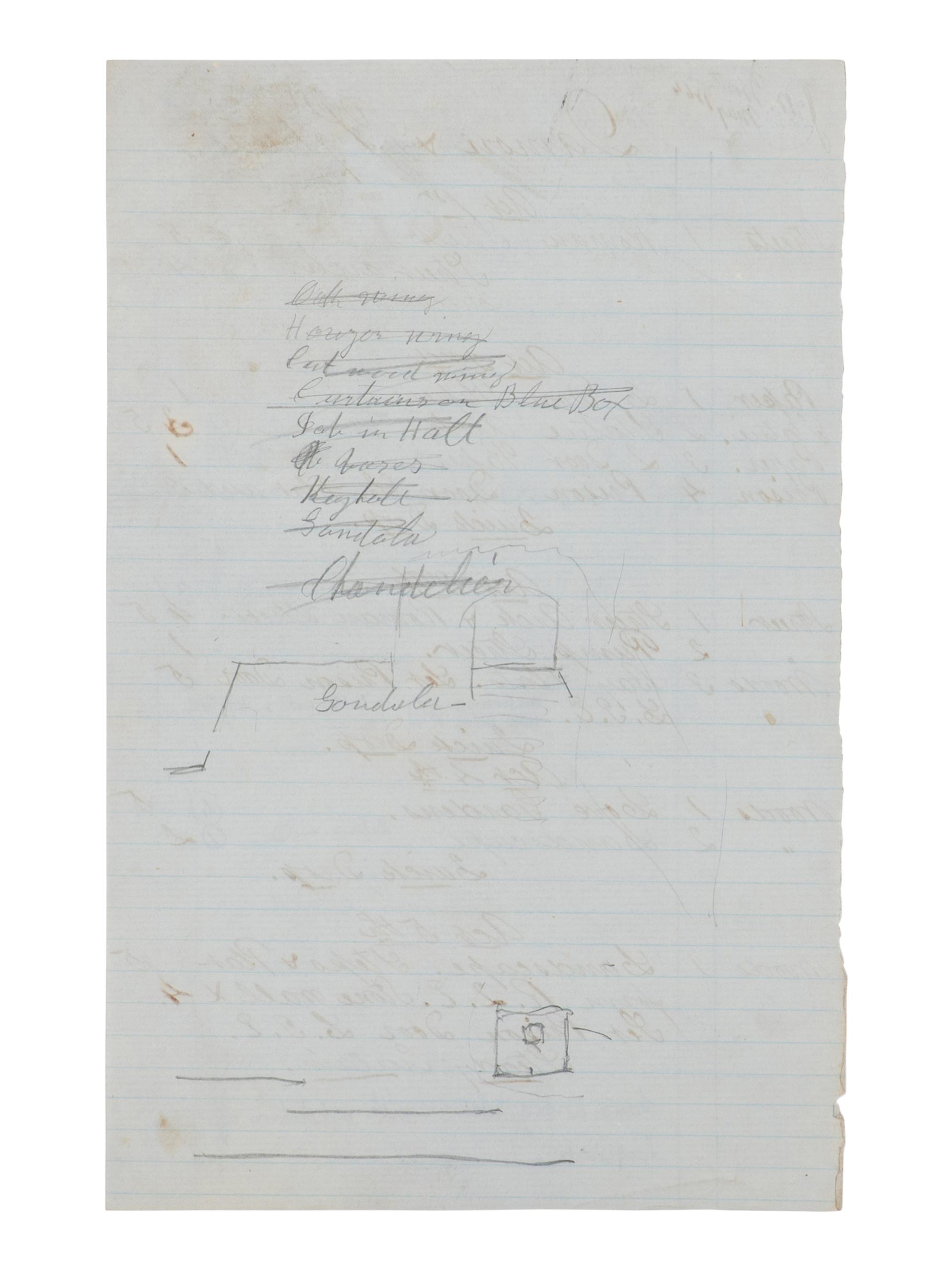 [BOOTH, John Wilkes (1838-1865)]. A group of 5 manuscript scenery lists for plays in which John Wilkes Booth performed, ca 1862-1864.
