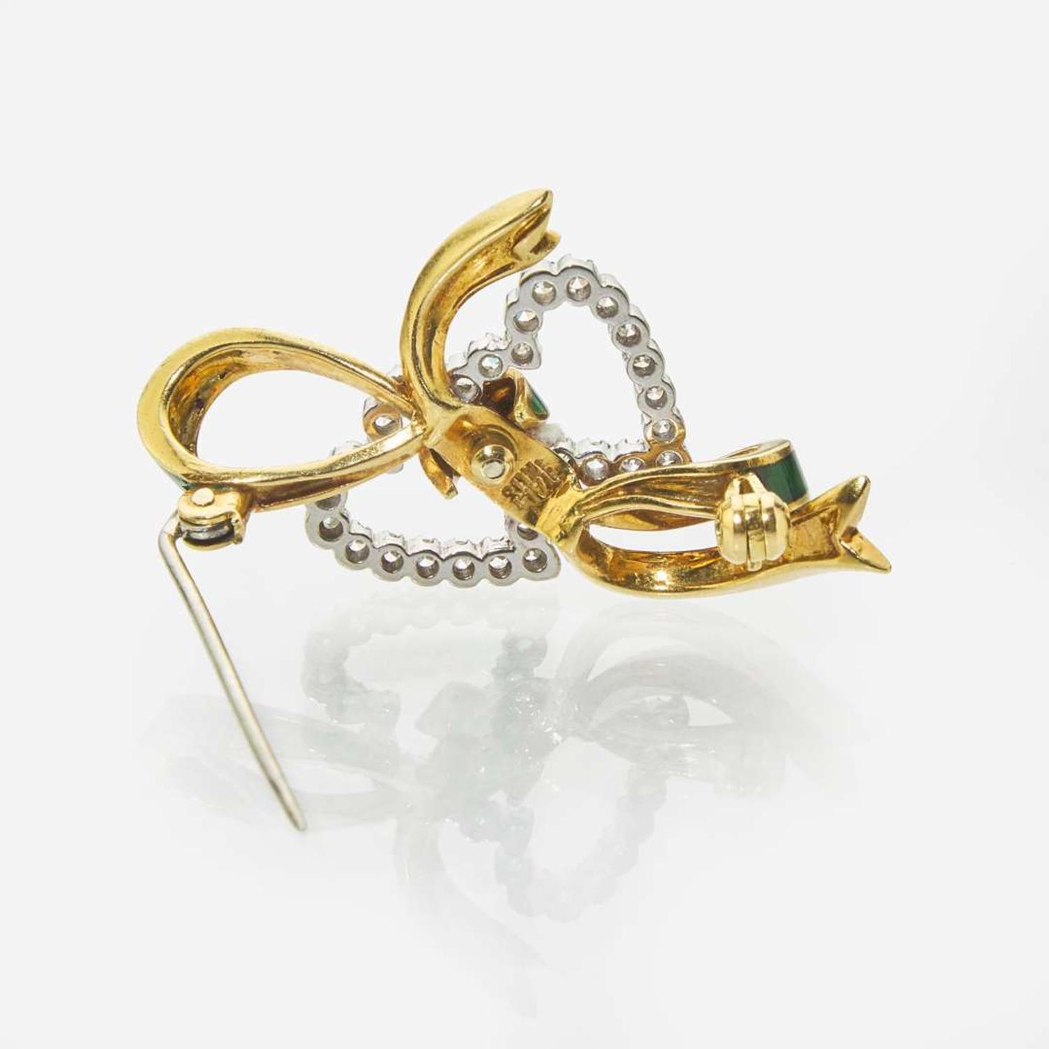 A Diamond and Enamel Bow Pin and Pearl and Diamond Earring Jackets