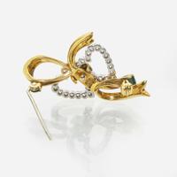 A Diamond and Enamel Bow Pin and Pearl and Diamond Earring Jackets