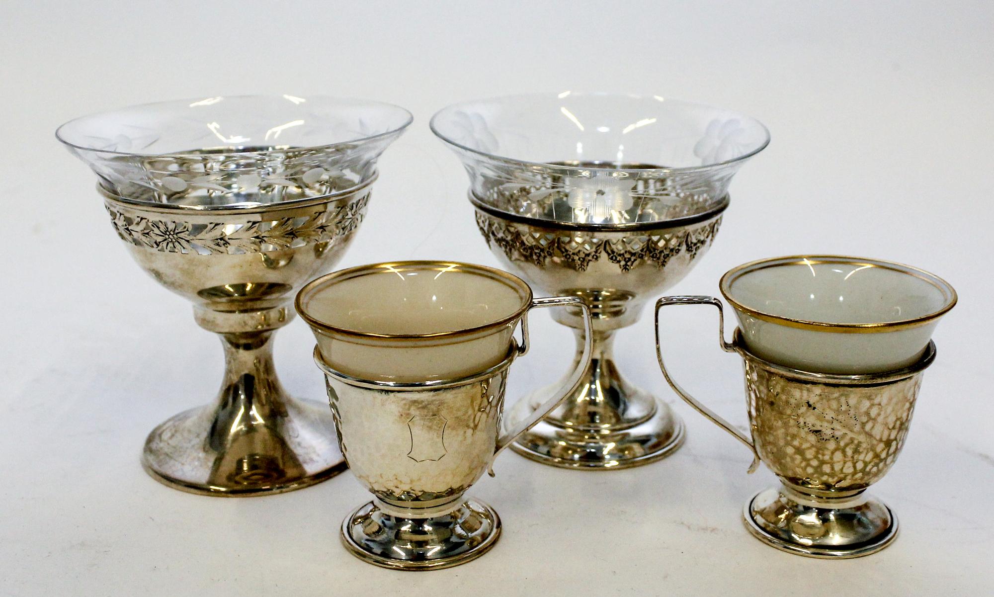 A Set of Twelve Silver Dessert Cups, International Silver Co., in two patterns, eleven having glass liners, together with six demitasse