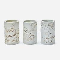 Three Chinese molded and carved porcelain brushpots 瓷塑雕刻笔筒一组三件 Mark of Wang Bingrong ????