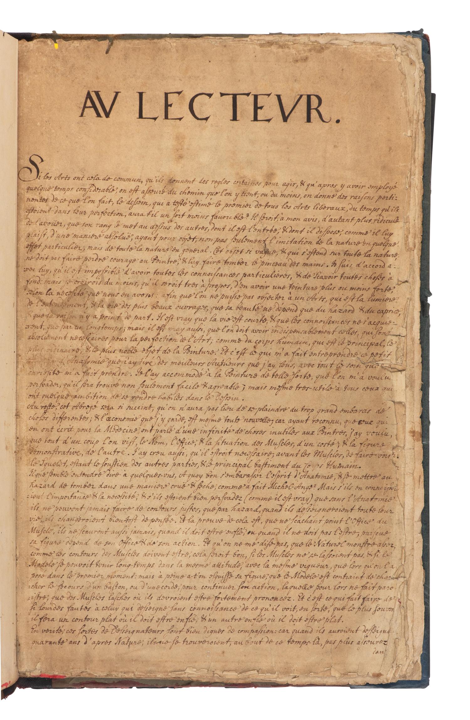 [SCIENCE & MEDICINE -MANUSCRIPT]. [After TORTEBAT, Francois (c 1616-1690), illustrator. -- PILES, Roger de (1635-1709)]. "Abrege d'Anatomie Accommode aux Arts de Peinture et de Sculpture. " [France, ca 17th- early 18th century].