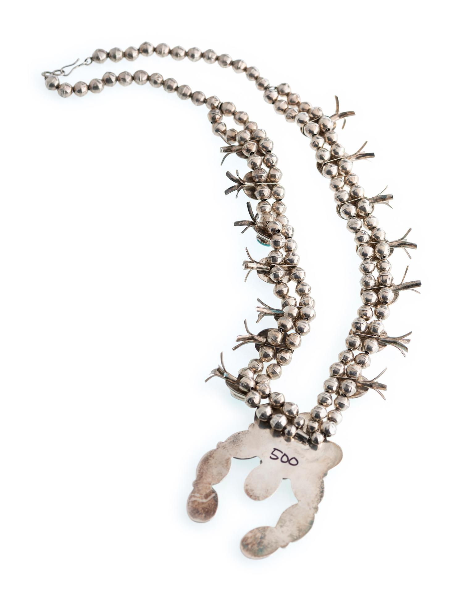 Navajo Silver and Turquoise Squash Blossom Necklace