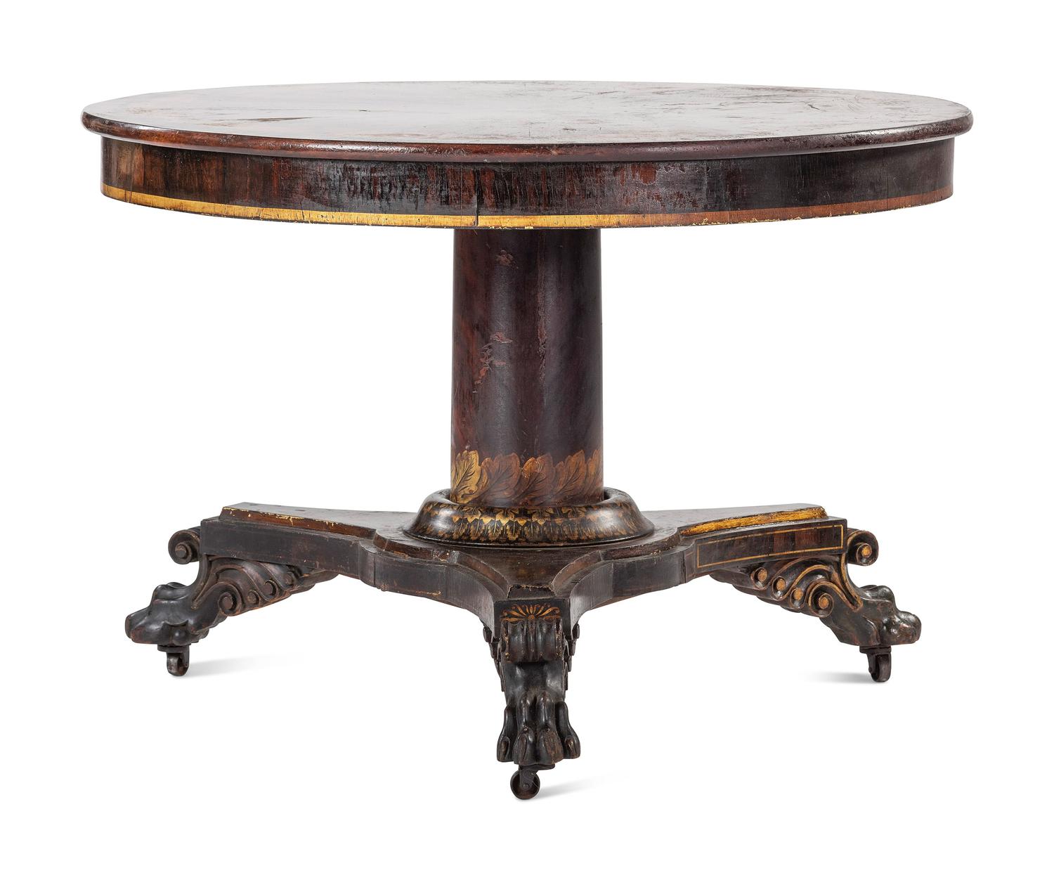 A Classical Parcel Gilt, Stencil Decorated, Carved and Inlaid Mahogany Tilt-Top Claw-Foot Breakfast Table