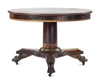 A Classical Parcel Gilt, Stencil Decorated, Carved and Inlaid Mahogany Tilt-Top Claw-Foot Breakfast Table