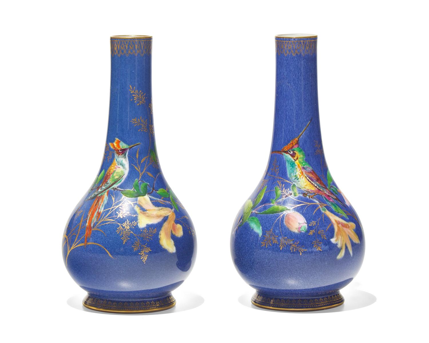 A Pair of Wedgwood Blue Lustre and Parcel-Gilt Bottle Vases